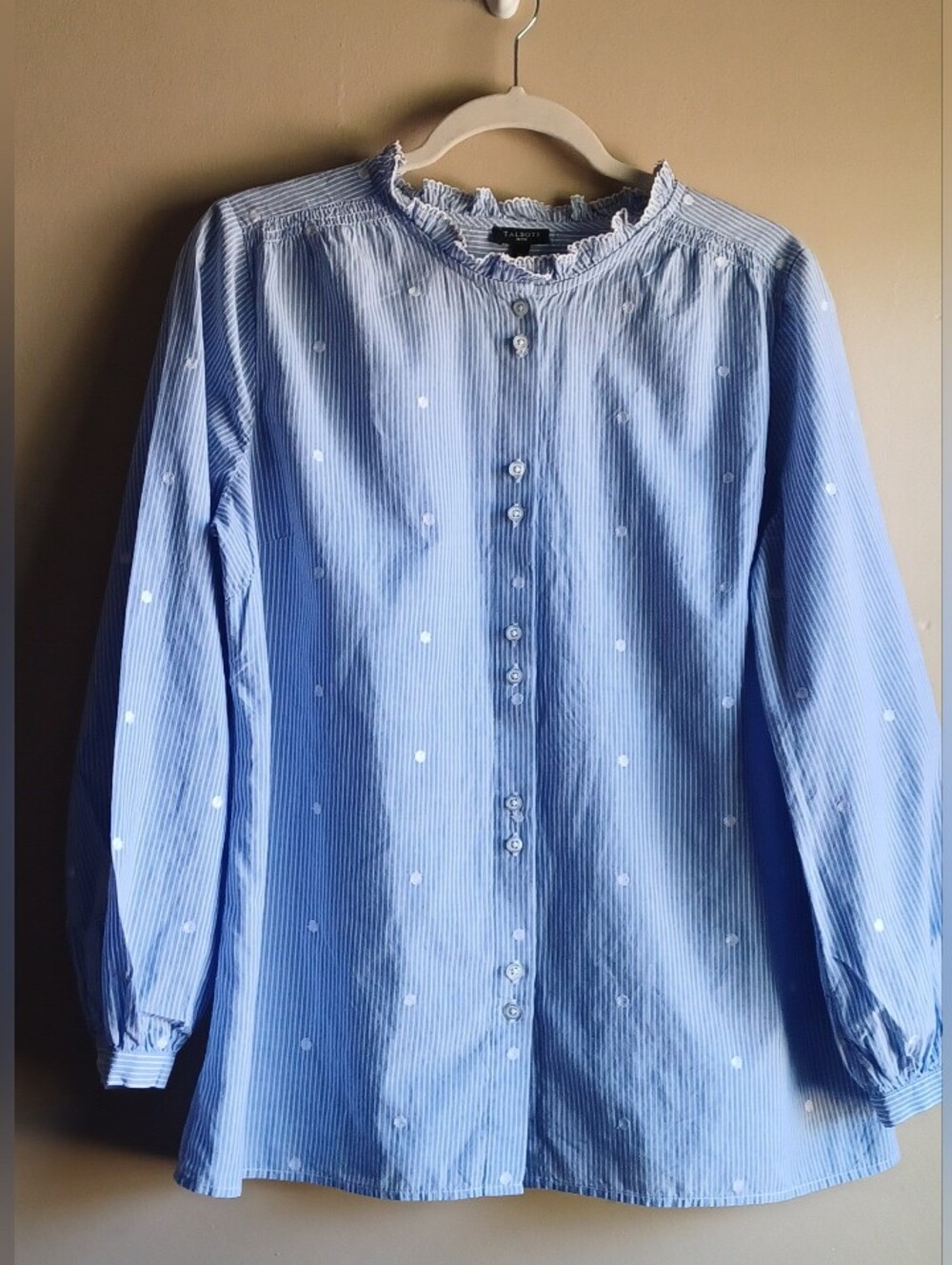 TALBOTS Button-front Blouse In White And Blue L Petite